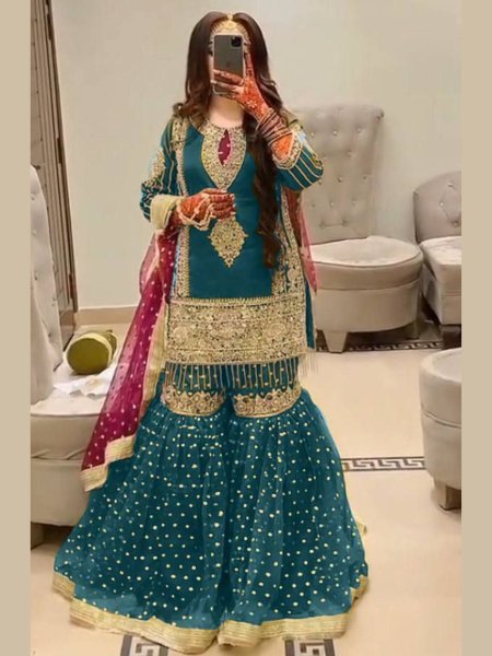 Designer Teal Georgette Sharara with Mirror & Thread Embroidery Perfect for Nikkah  & Sangeet Salwar Kameez