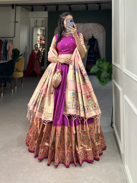 Paithani Silk Stitched Saree Lehenga Choli with Zari Weaving   Matching Batwa Half Saree Lehenga