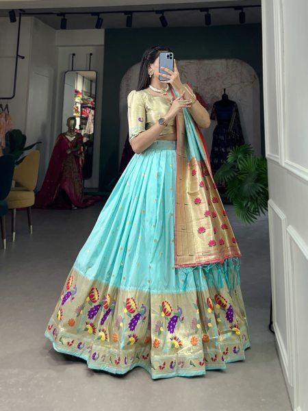 Paithani Silk Stitched Saree Lehenga Choli with Zari Weaving   Matching Batwa Half Saree Lehenga