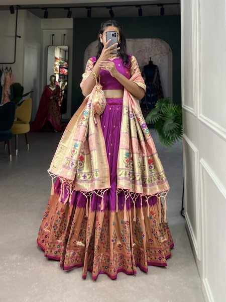 Paithani Silk Stitched Saree Lehenga Choli with Zari Weaving   Matching Batwa Half Saree Lehenga