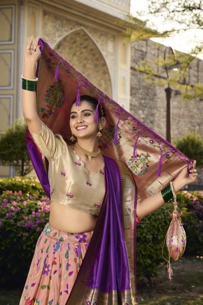 Paithani Silk Stitched Saree Lehenga Choli with Zari Weaving   Matching Batwa Half Saree Lehenga