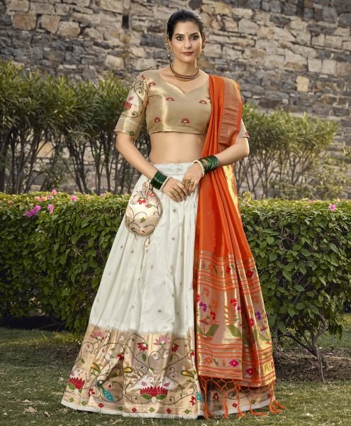 Paithani Silk Stitched Saree Lehenga Choli with Zari Weaving   Matching Batwa Half Saree Lehenga