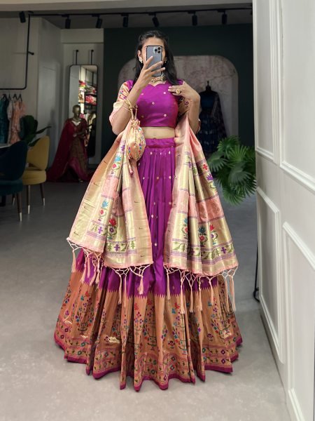 Paithani Silk Stitched Saree Lehenga Choli with Zari Weaving   Matching Batwa Half Saree Lehenga
