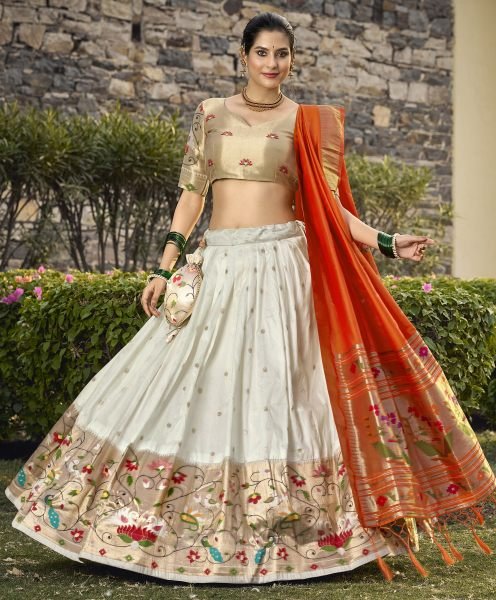 Paithani Silk Stitched Saree Lehenga Choli with Zari Weaving   Matching Batwa Half Saree Lehenga