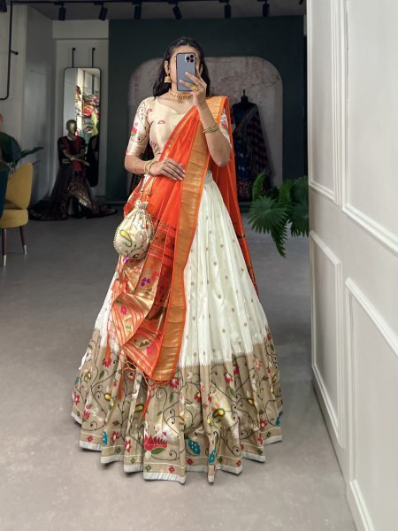 Paithani Silk Stitched Saree Lehenga Choli with Zari Weaving   Matching Batwa Half Saree Lehenga