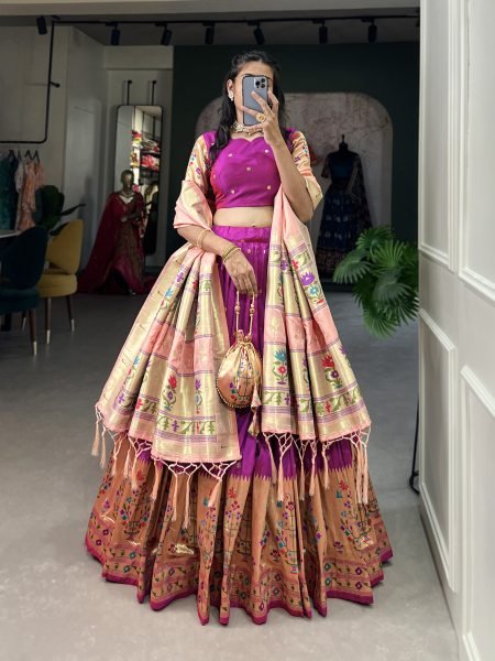Paithani Silk Stitched Saree Lehenga Choli with Zari Weaving   Matching Batwa Half Saree Lehenga