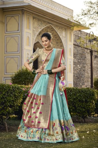 Paithani Silk Stitched Saree Lehenga Choli with Zari Weaving   Matching Batwa Half Saree Lehenga