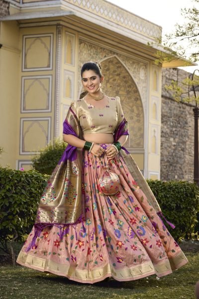Paithani Silk Stitched Saree Lehenga Choli with Zari Weaving   Matching Batwa Half Saree Lehenga