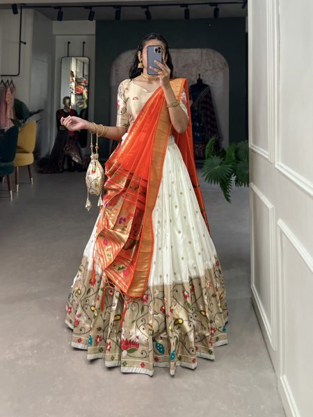 Paithani Silk Stitched Saree Lehenga Choli with Zari Weaving   Matching Batwa Half Saree Lehenga