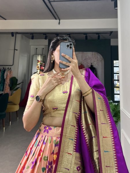 Paithani Silk Stitched Saree Lehenga Choli with Zari Weaving   Matching Batwa Half Saree Lehenga