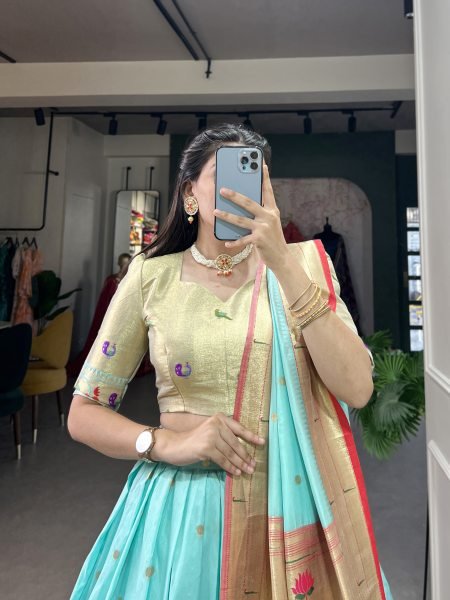 Paithani Silk Stitched Saree Lehenga Choli with Zari Weaving   Matching Batwa Half Saree Lehenga