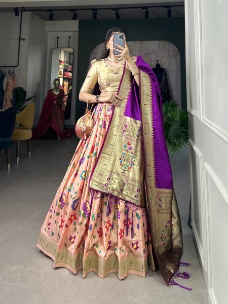 Paithani Silk Stitched Saree Lehenga Choli with Zari Weaving   Matching Batwa Half Saree Lehenga