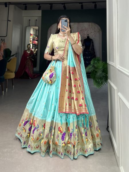 Paithani Silk Stitched Saree Lehenga Choli with Zari Weaving   Matching Batwa Half Saree Lehenga