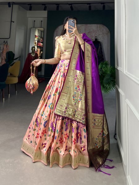 Paithani Silk Stitched Saree Lehenga Choli with Zari Weaving   Matching Batwa Half Saree Lehenga