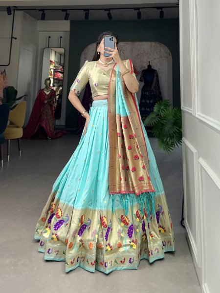 Paithani Silk Stitched Saree Lehenga Choli with Zari Weaving   Matching Batwa Half Saree Lehenga