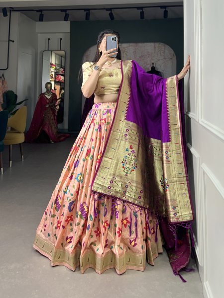 Paithani Silk Stitched Saree Lehenga Choli with Zari Weaving   Matching Batwa Half Saree Lehenga