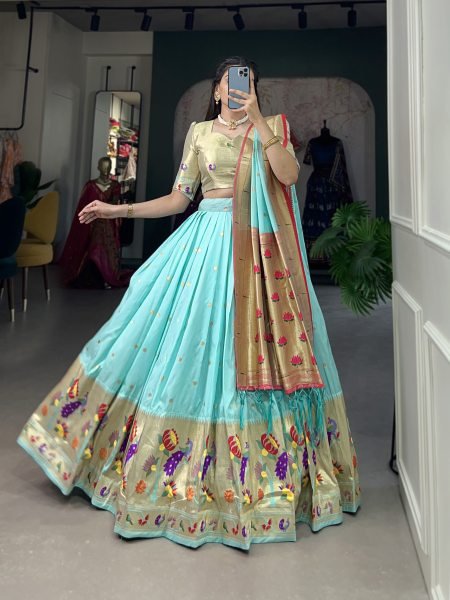 Paithani Silk Stitched Saree Lehenga Choli with Zari Weaving   Matching Batwa Half Saree Lehenga