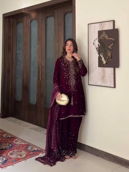 Pakistani Designer Embroidered Velvet Suit with Scalloped Borders 