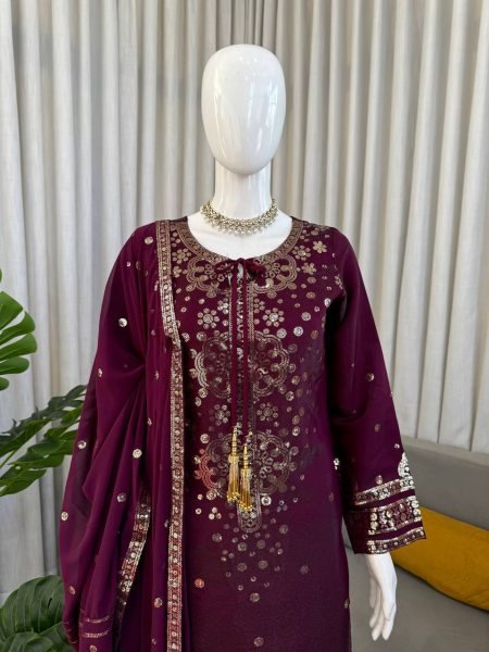 Pakistani Designer Embroidered Velvet Suit with Scalloped Borders Ready To Wear Collection