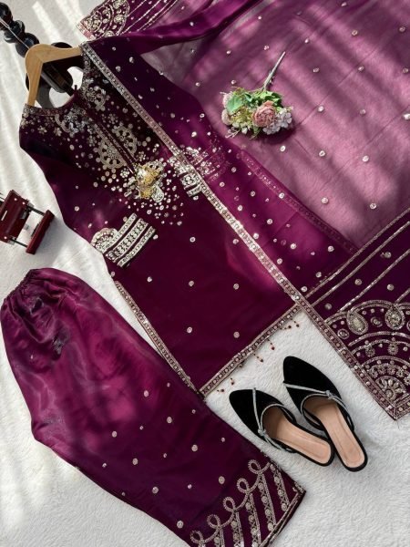 Pakistani Designer Embroidered Velvet Suit with Scalloped Borders Ready To Wear Collection