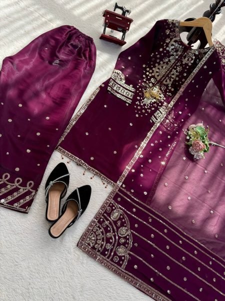 Pakistani Designer Embroidered Velvet Suit with Scalloped Borders Ready To Wear Collection