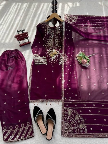 Pakistani Designer Embroidered Velvet Suit with Scalloped Borders Ready To Wear Collection