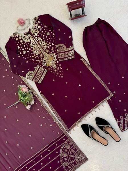 Pakistani Designer Embroidered Velvet Suit with Scalloped Borders Ready To Wear Collection