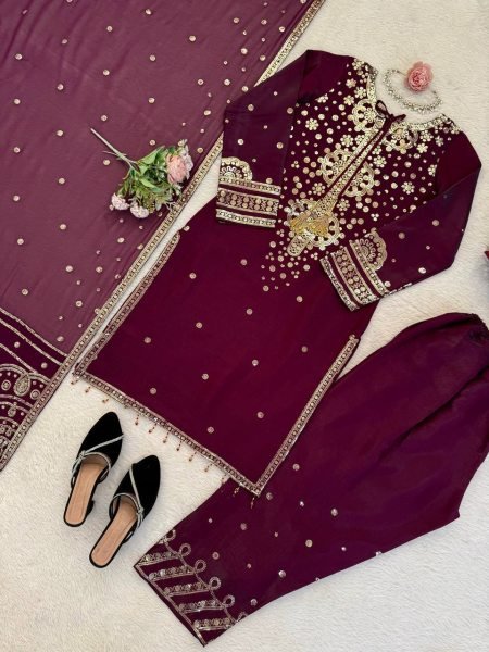 Pakistani Designer Embroidered Velvet Suit with Scalloped Borders Ready To Wear Collection