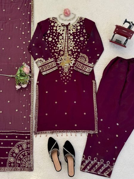 Pakistani Designer Embroidered Velvet Suit with Scalloped Borders Ready To Wear Collection