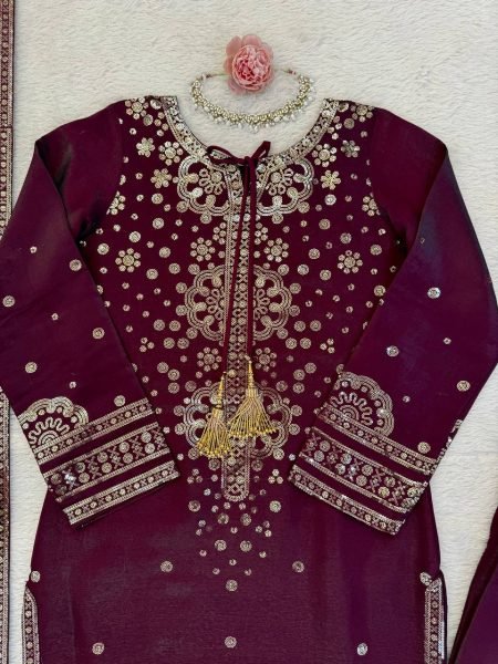 Pakistani Designer Embroidered Velvet Suit with Scalloped Borders Ready To Wear Collection