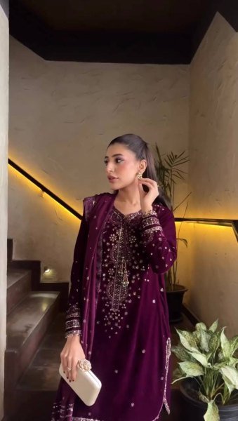 Pakistani Designer Embroidered Velvet Suit with Scalloped Borders Ready To Wear Collection