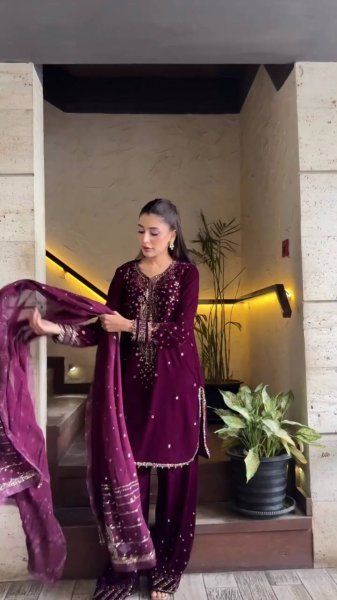 Pakistani Designer Embroidered Velvet Suit with Scalloped Borders Ready To Wear Collection