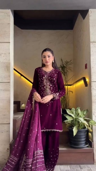 Pakistani Designer Embroidered Velvet Suit with Scalloped Borders Ready To Wear Collection