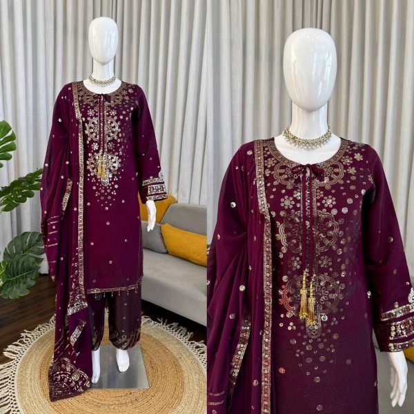 Pakistani Designer Embroidered Velvet Suit with Scalloped Borders Ready To Wear Collection