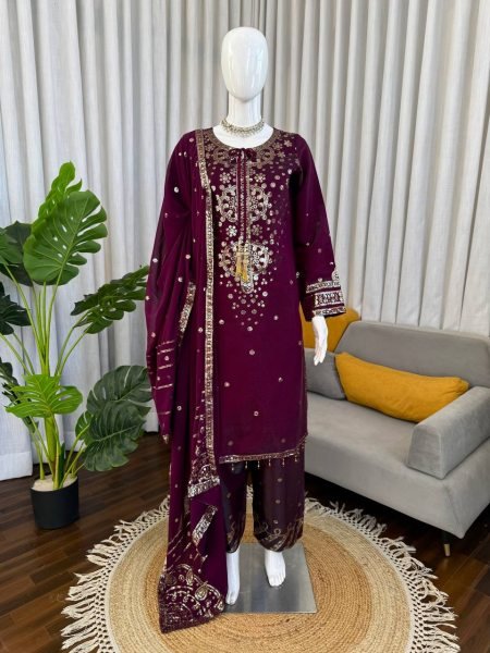 Pakistani Designer Embroidered Velvet Suit with Scalloped Borders Ready To Wear Collection