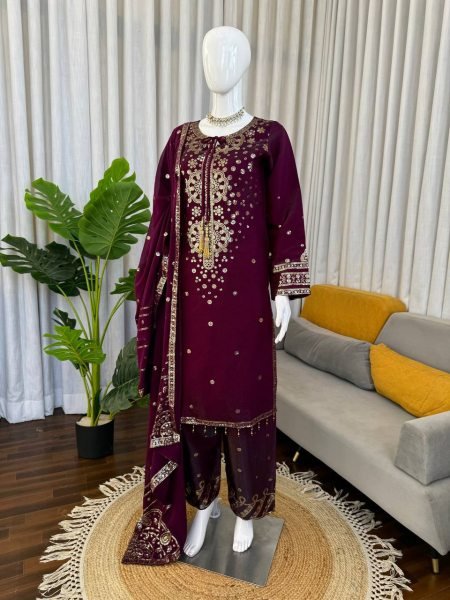 Pakistani Designer Embroidered Velvet Suit with Scalloped Borders Ready To Wear Collection