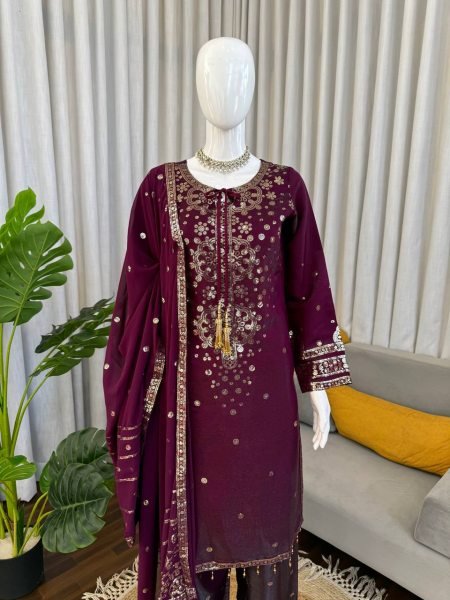 Pakistani Designer Embroidered Velvet Suit with Scalloped Borders Ready To Wear Collection