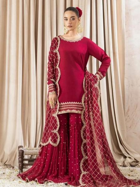 Pakistani Embroidered Red Georgette Salwar Kameez Set for Functions  