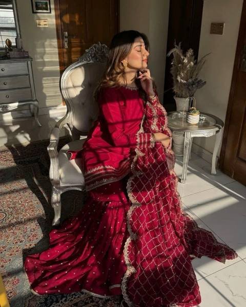 Pakistani Embroidered Red Georgette Salwar Kameez Set for Functions  Ready To Wear Collection