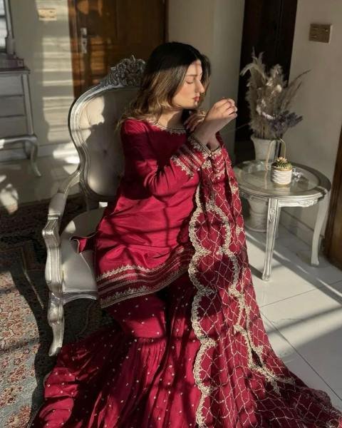Pakistani Embroidered Red Georgette Salwar Kameez Set for Functions  Ready To Wear Collection