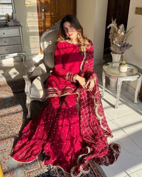 Pakistani Embroidered Red Georgette Salwar Kameez Set for Functions  Ready To Wear Collection