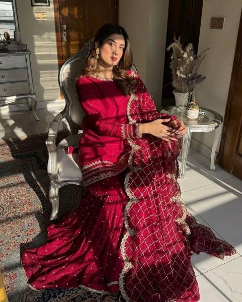 Pakistani Embroidered Red Georgette Salwar Kameez Set for Functions  Ready To Wear Collection