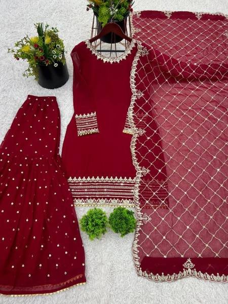 Pakistani Embroidered Red Georgette Salwar Kameez Set for Functions  Ready To Wear Collection