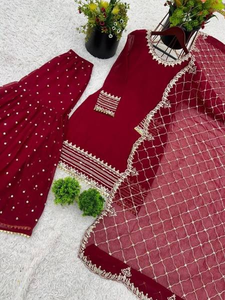 Pakistani Embroidered Red Georgette Salwar Kameez Set for Functions  Ready To Wear Collection