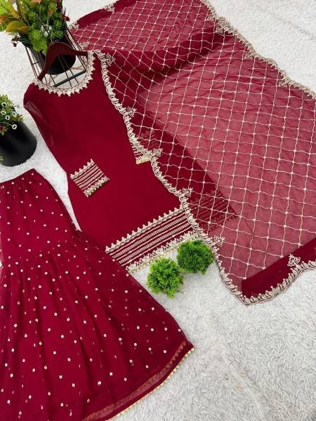 Pakistani Embroidered Red Georgette Salwar Kameez Set for Functions  Ready To Wear Collection