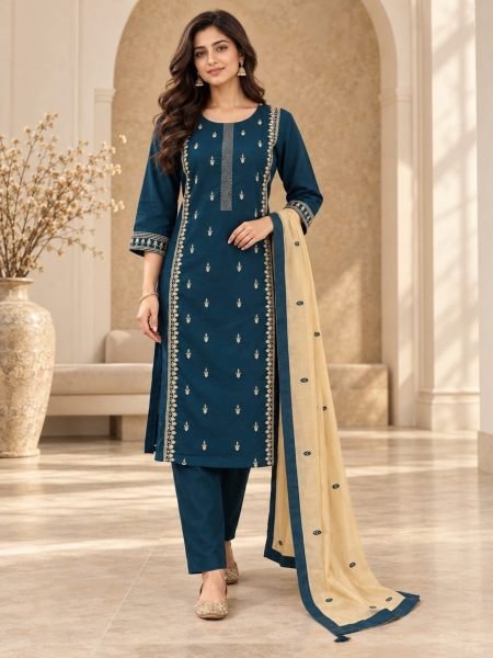 Pakistani Festive Wear Teal Blue Suit with Heavy Mal Chanderi Embroidered Dupatta Kurtis