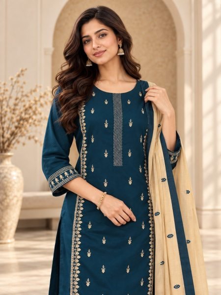 Pakistani Festive Wear Teal Blue Suit with Heavy Mal Chanderi Embroidered Dupatta Kurti With Bottom Wholesale