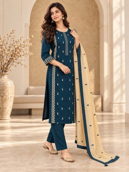 Pakistani Festive Wear Teal Blue Suit with Heavy Mal Chanderi Embroidered Dupatta Kurti With Bottom Wholesale