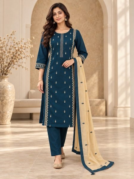 Pakistani Festive Wear Teal Blue Suit with Heavy Mal Chanderi Embroidered Dupatta Kurti With Bottom Wholesale