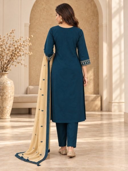 Pakistani Festive Wear Teal Blue Suit with Heavy Mal Chanderi Embroidered Dupatta Kurti With Bottom Wholesale